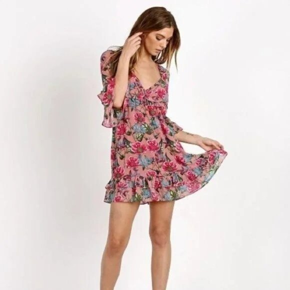 For Love & Lemons Churro Mini Dress Pink Flamenco L Large Ruffle Hem - Picture 4 of 9